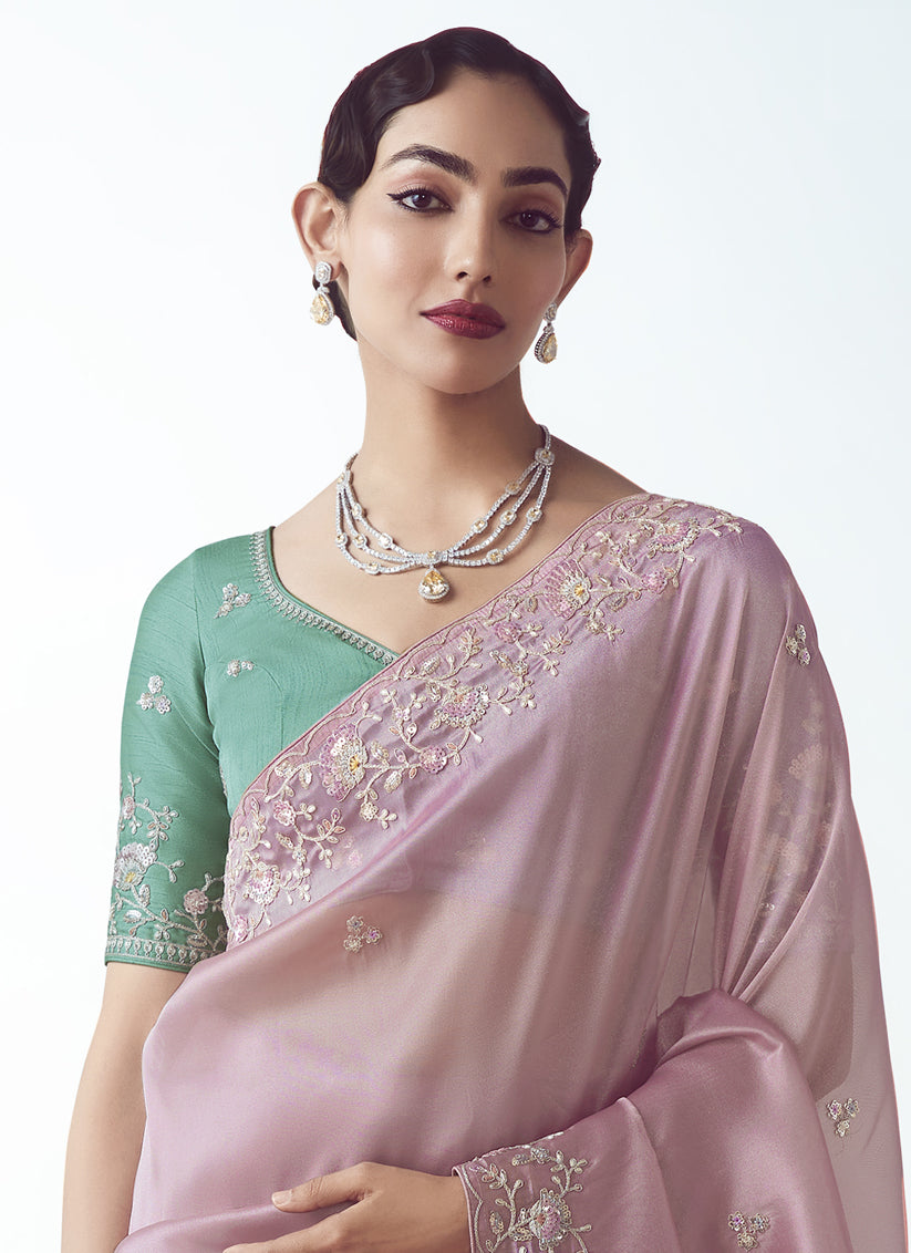 Rose Pink Tissue Organza Embroidered Wedding Saree