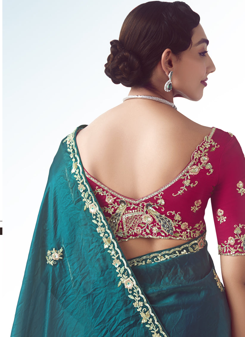 Peacock Blue Tissue Organza Embroidered Wedding Saree