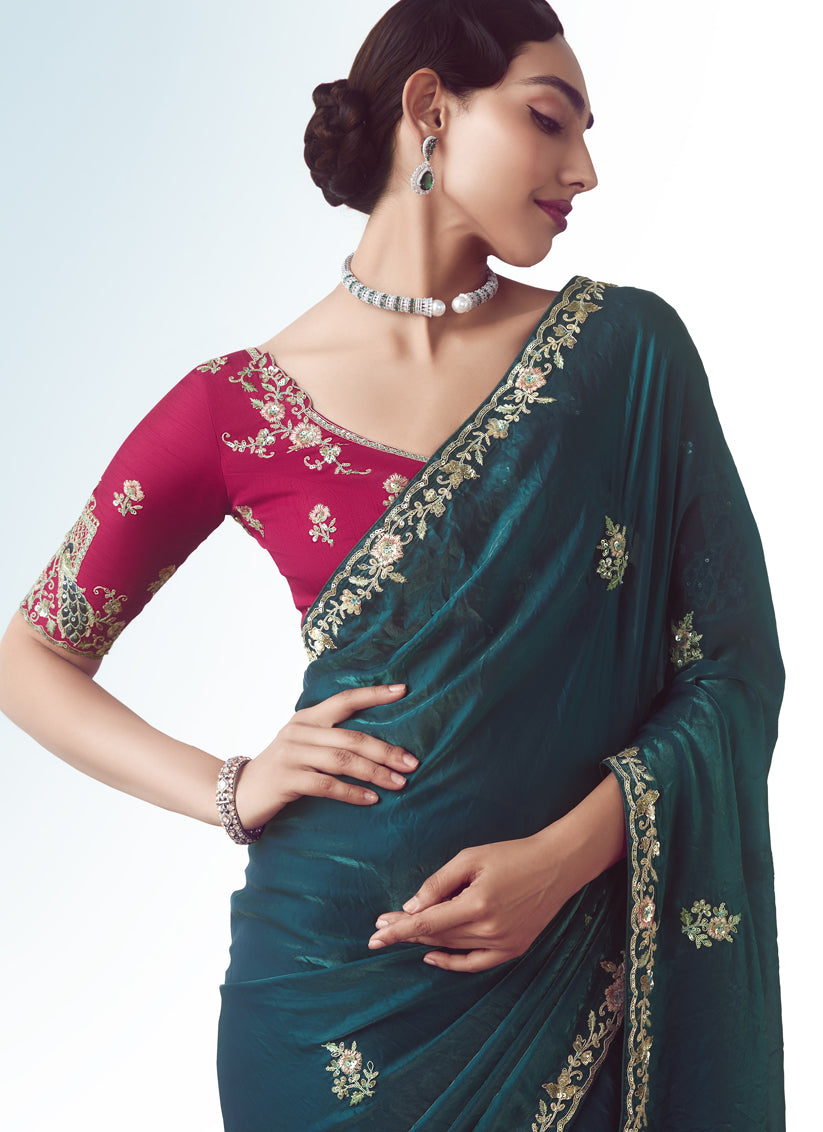 Peacock Blue Tissue Organza Embroidered Wedding Saree