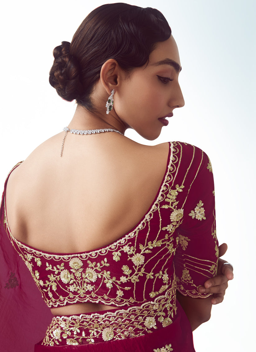 Strawberry Tissue Organza Embroidered Wedding Saree