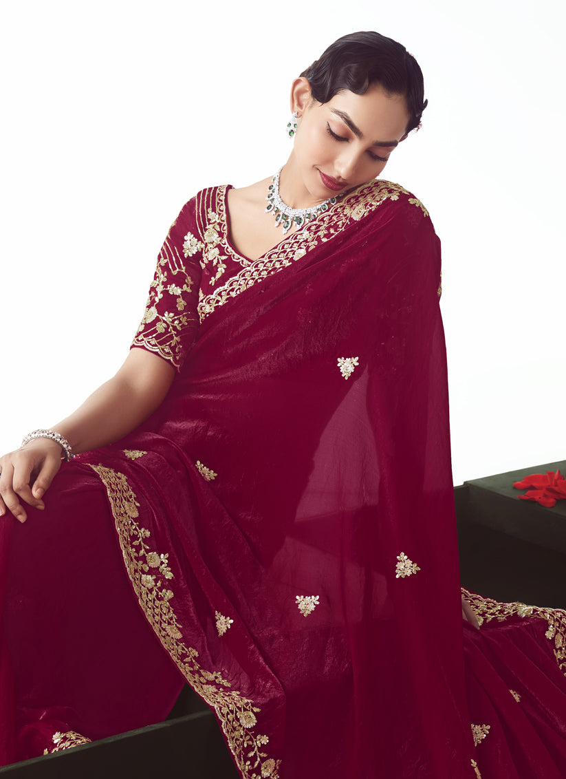 Strawberry Tissue Organza Embroidered Wedding Saree
