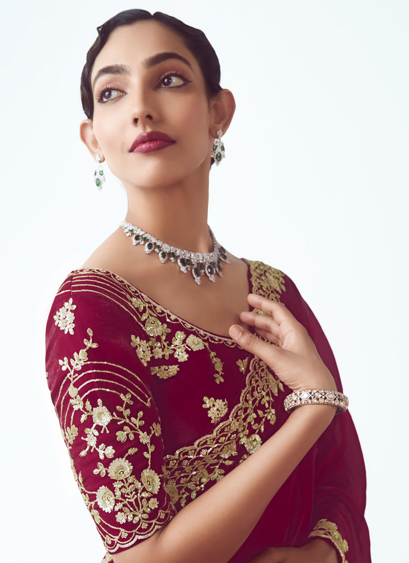 Strawberry Tissue Organza Embroidered Wedding Saree