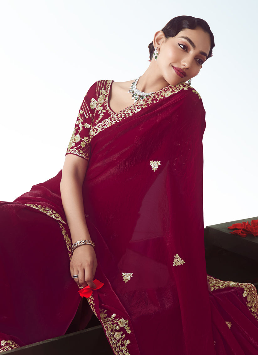 Strawberry Tissue Organza Embroidered Wedding Saree