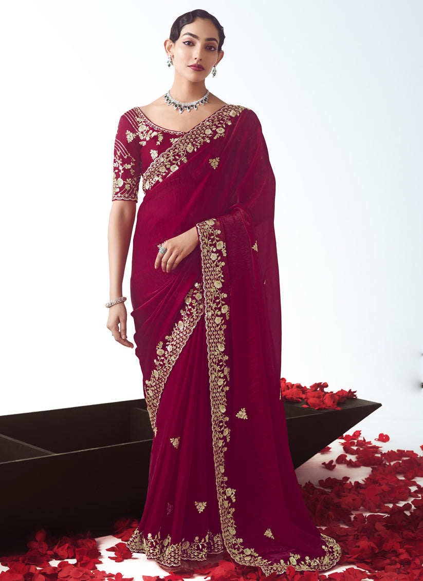 Strawberry Tissue Organza Embroidered Wedding Saree
