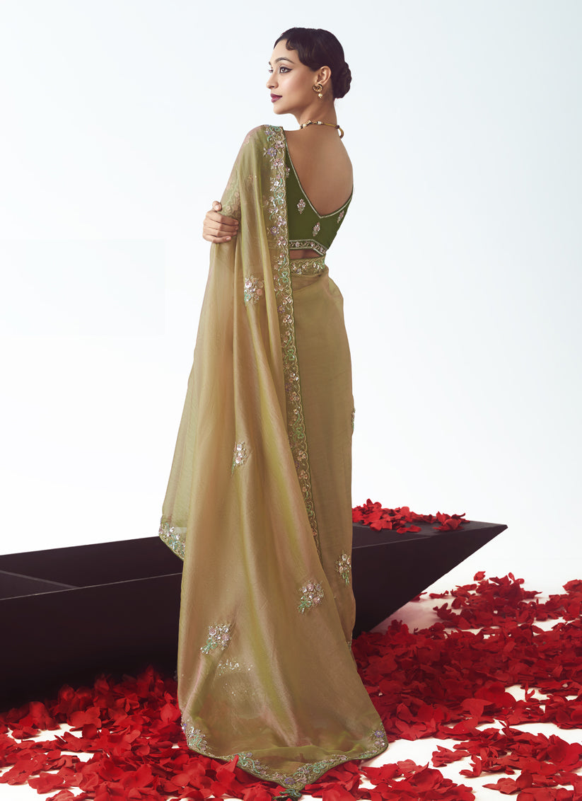 Beige Tissue Organza Embroidered Wedding Saree