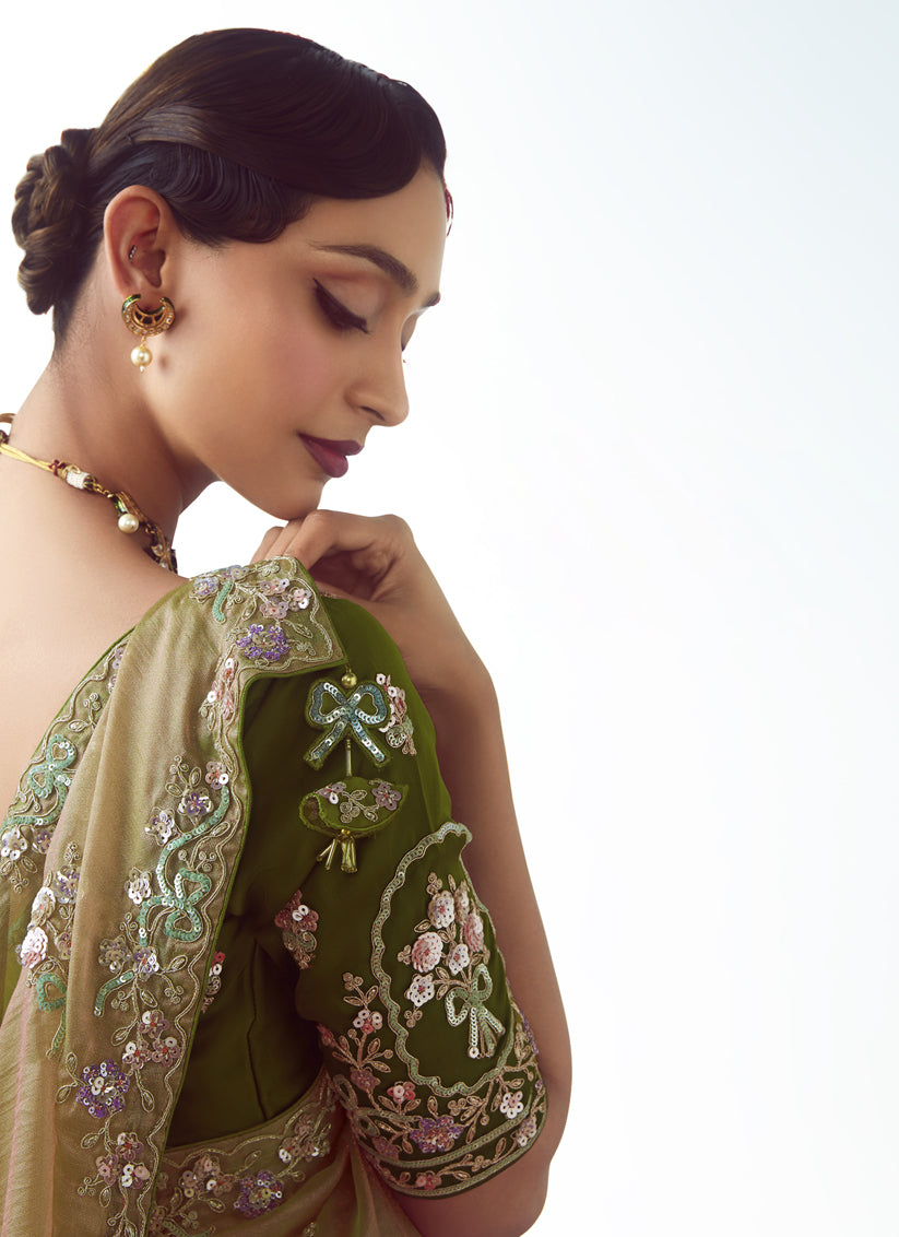 Beige Tissue Organza Embroidered Wedding Saree