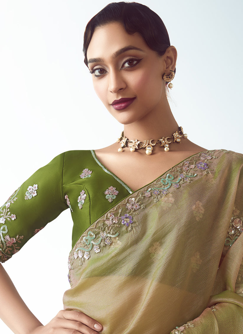 Beige Tissue Organza Embroidered Wedding Saree