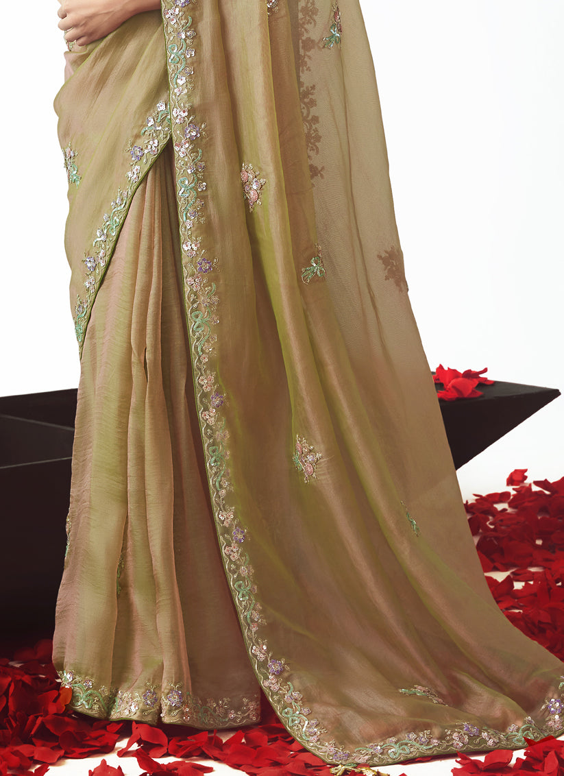 Beige Tissue Organza Embroidered Wedding Saree