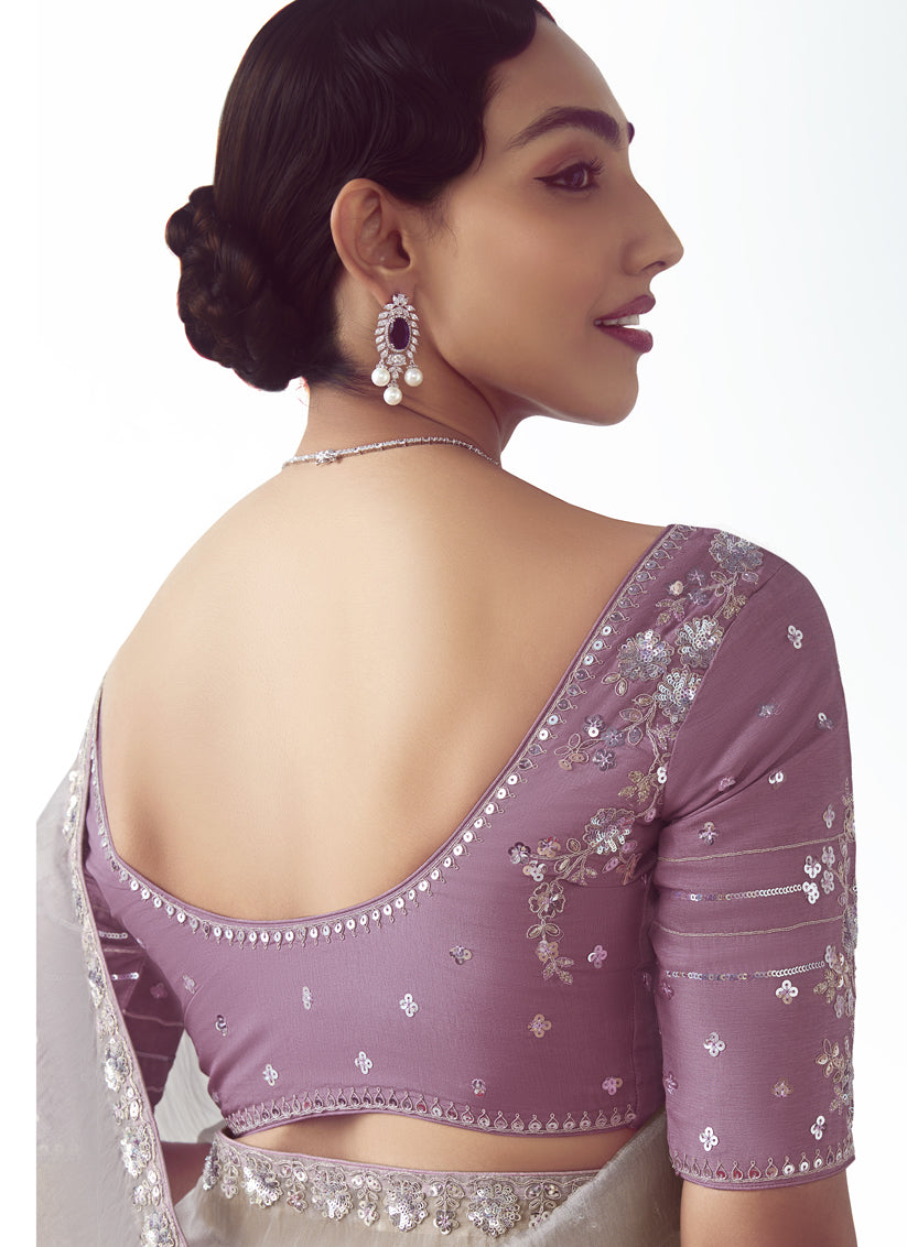 Silver Tissue Organza Embroidered Wedding Saree