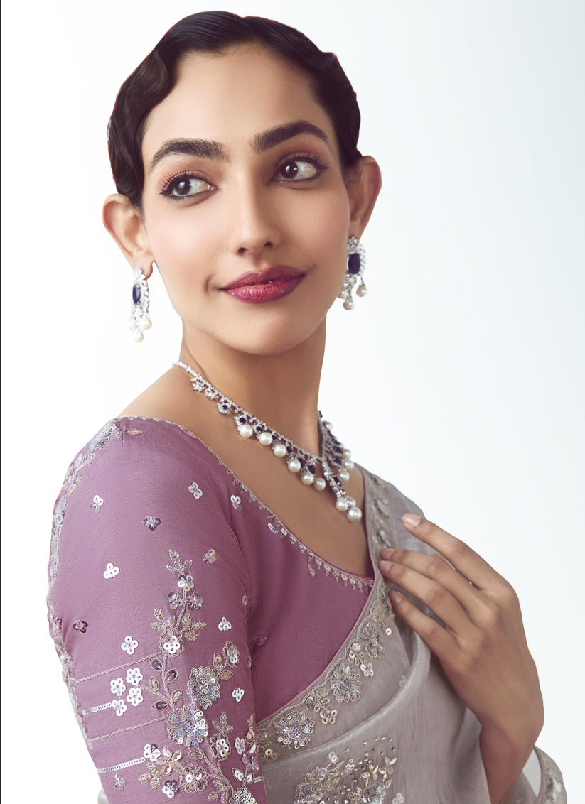 Silver Tissue Organza Embroidered Wedding Saree