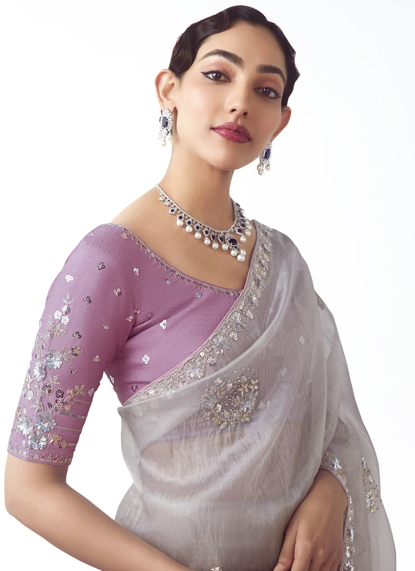 Silver Tissue Organza Embroidered Wedding Saree
