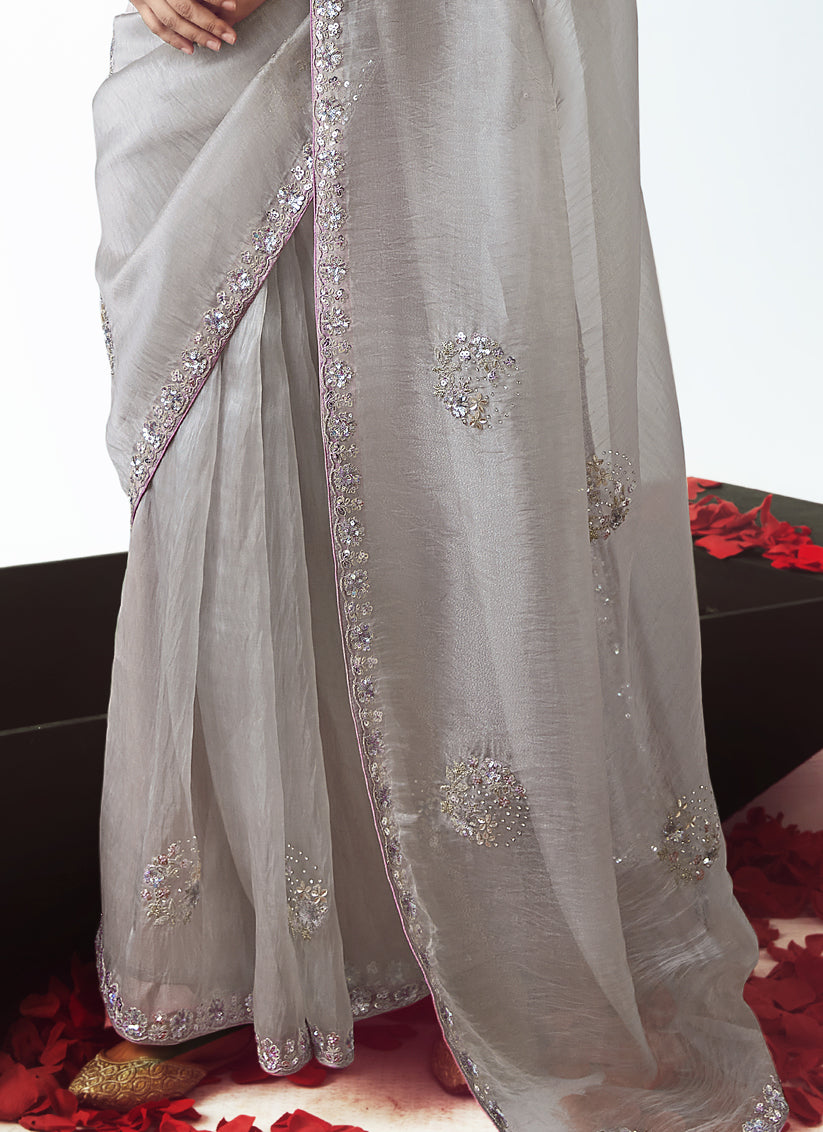 Silver Tissue Organza Embroidered Wedding Saree