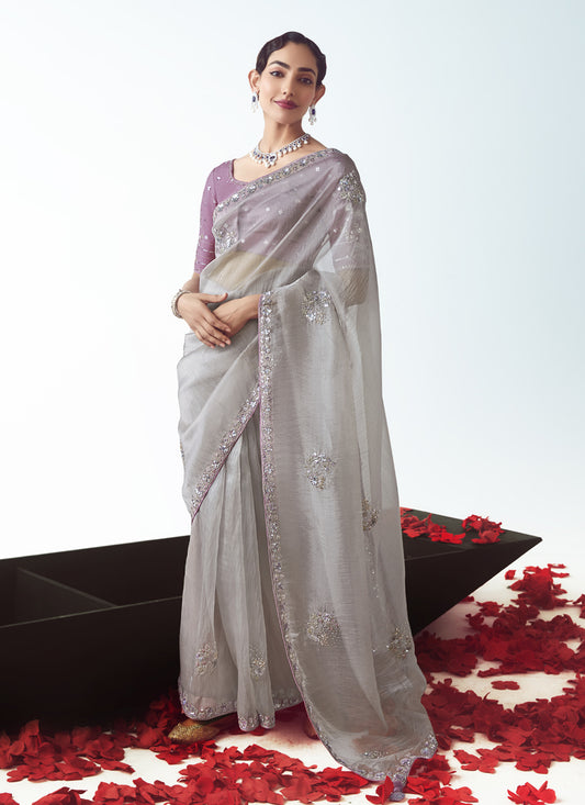 Silver Tissue Organza Embroidered Wedding Saree