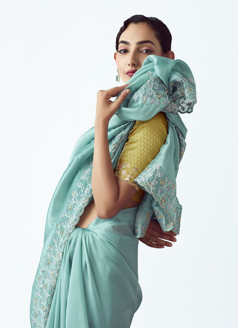 Aqua Blue Tissue Organza Embroidered Wedding Saree
