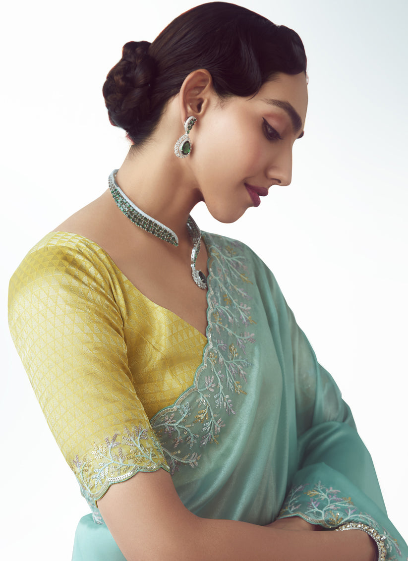 Aqua Blue Tissue Organza Embroidered Wedding Saree