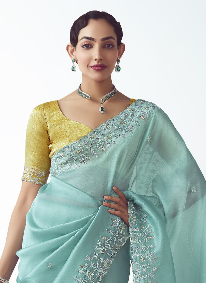 Aqua Blue Tissue Organza Embroidered Wedding Saree