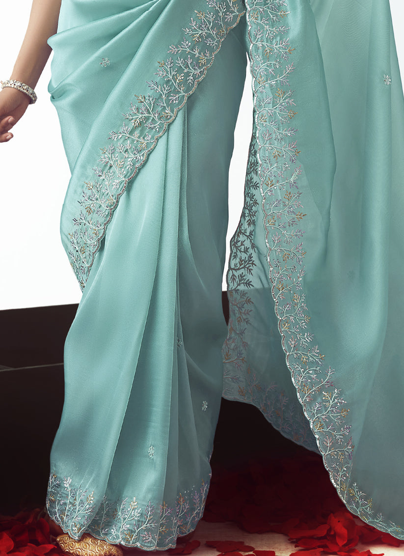 Aqua Blue Tissue Organza Embroidered Wedding Saree