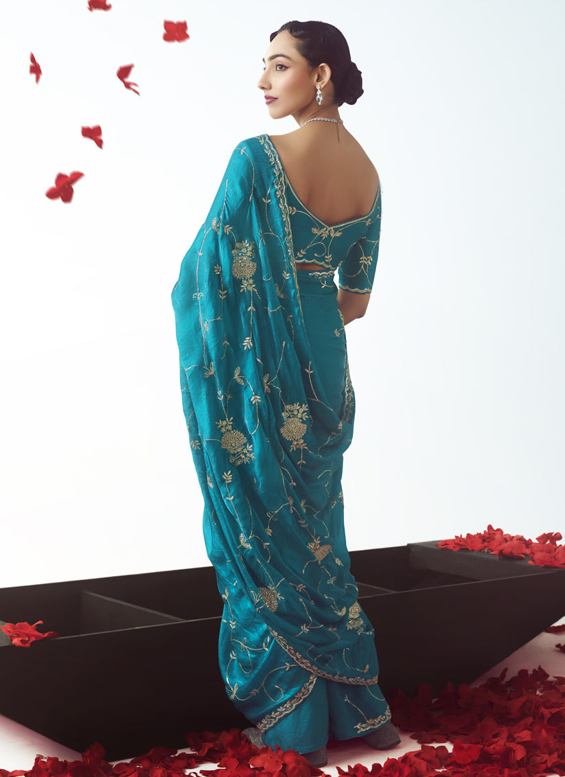 Azure Blue Tissue Organza Embroidered Wedding Saree