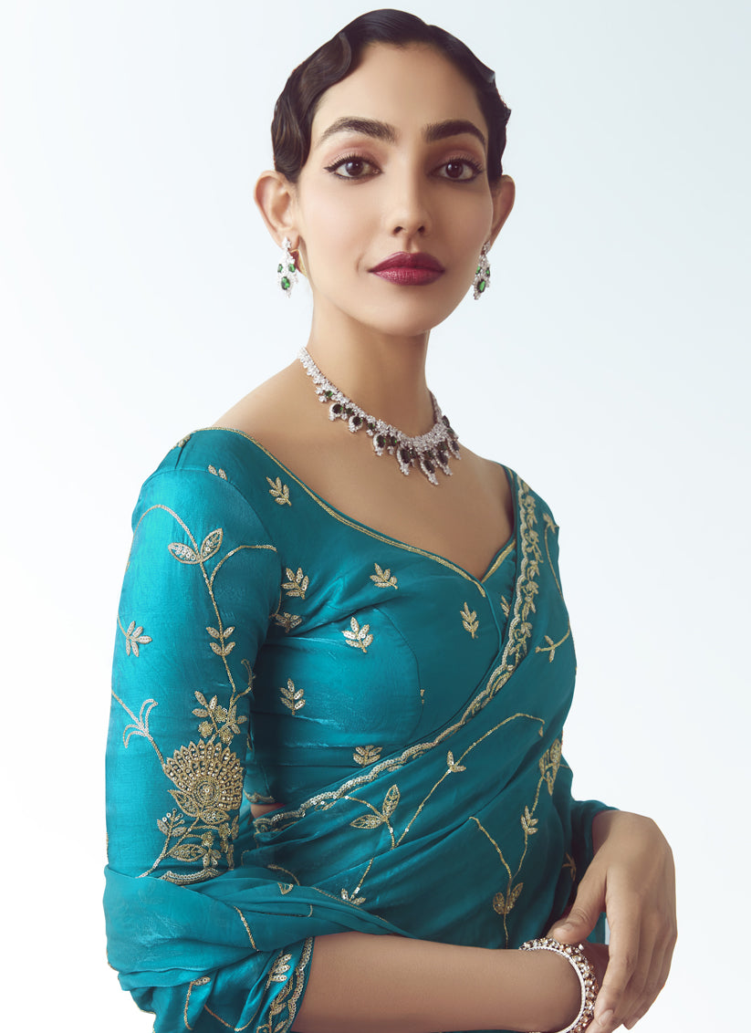 Azure Blue Tissue Organza Embroidered Wedding Saree