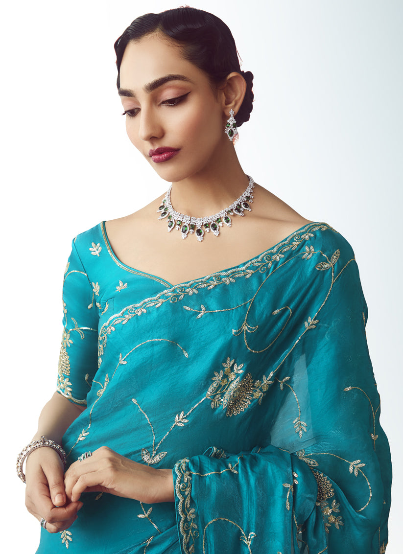 Azure Blue Tissue Organza Embroidered Wedding Saree