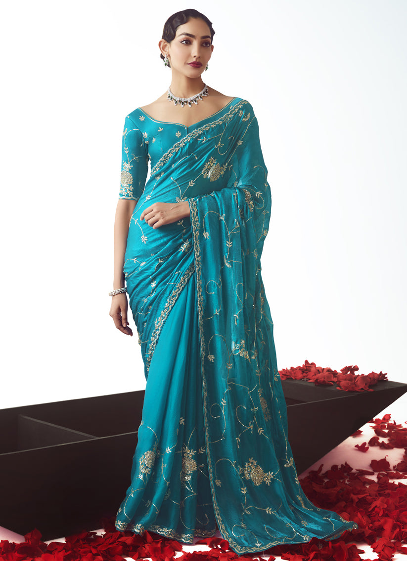 Azure Blue Tissue Organza Embroidered Wedding Saree