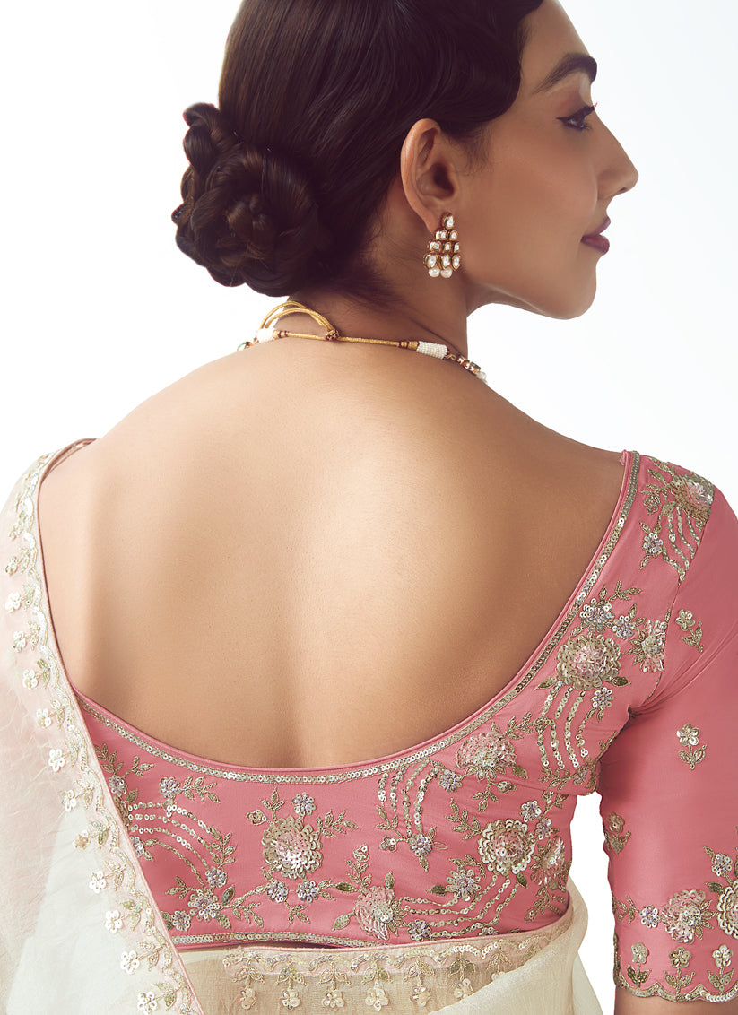 Pearl White Tissue Organza Embroidered Wedding Saree