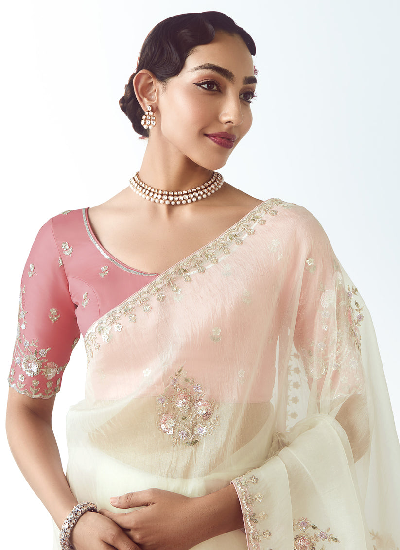 Pearl White Tissue Organza Embroidered Wedding Saree