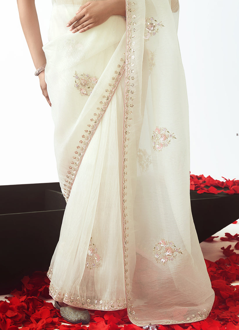 Pearl White Tissue Organza Embroidered Wedding Saree