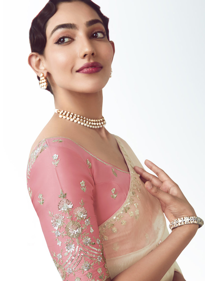 Pearl White Tissue Organza Embroidered Wedding Saree