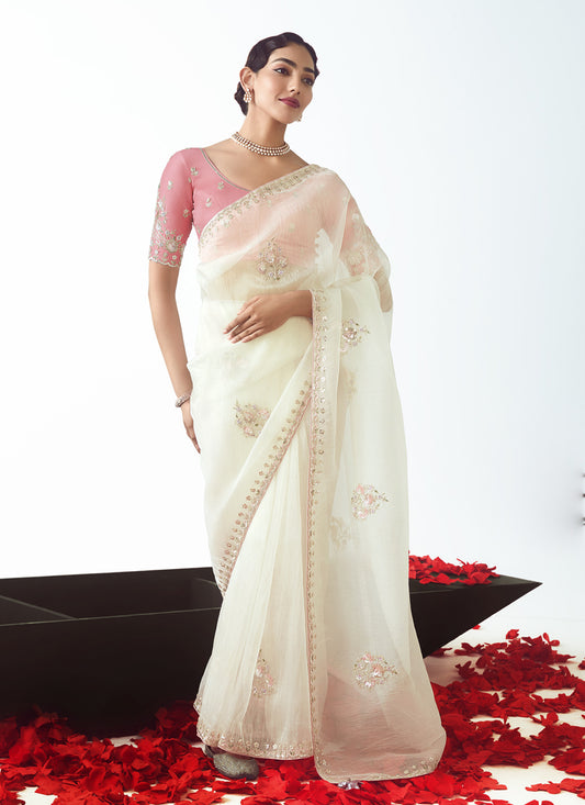 Pearl White Tissue Organza Embroidered Wedding Saree