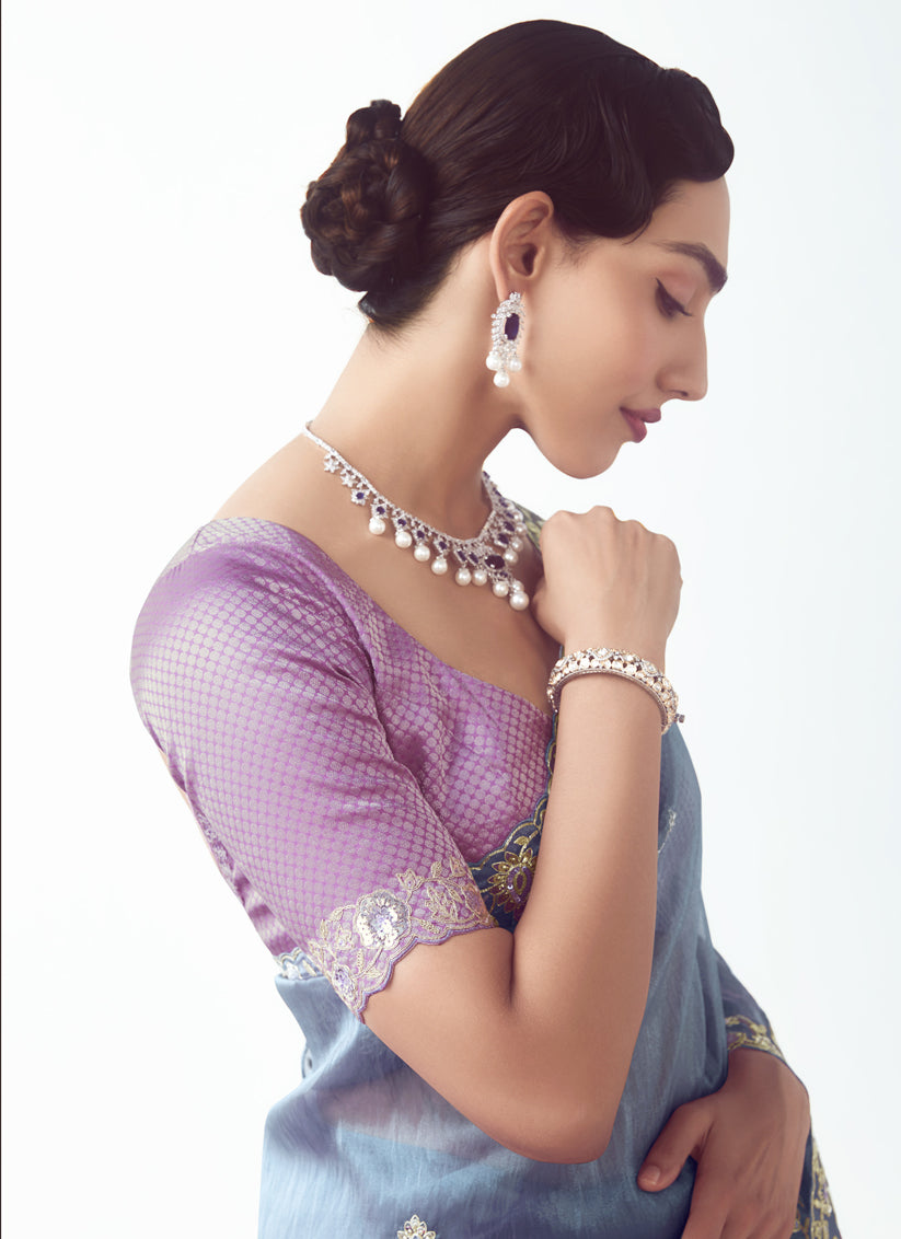 Slate Blue Tissue Organza Embroidered Wedding Saree