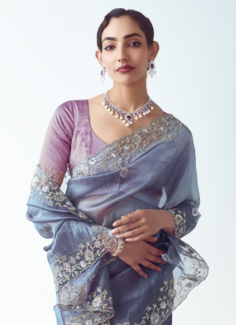 Slate Blue Tissue Organza Embroidered Wedding Saree