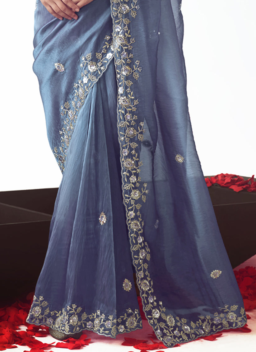 Slate Blue Tissue Organza Embroidered Wedding Saree