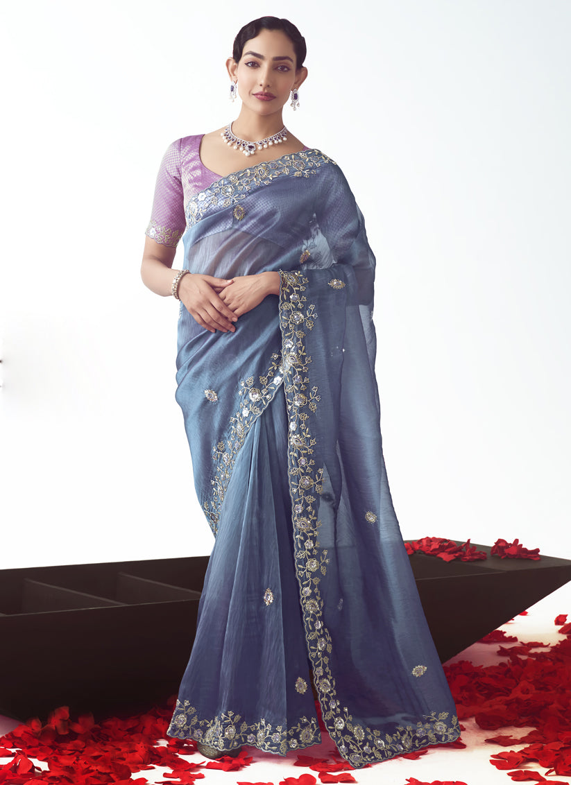 Slate Blue Tissue Organza Embroidered Wedding Saree