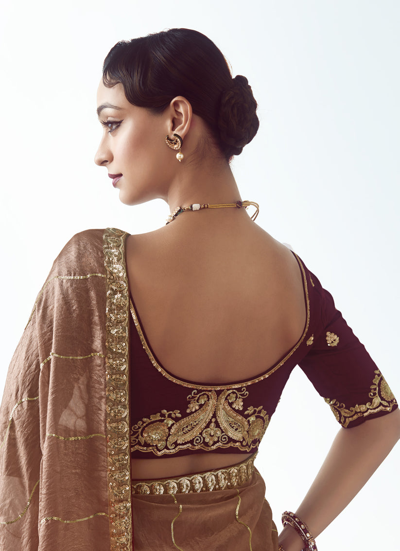 Rose Gold Tissue Organza Embroidered Wedding Saree