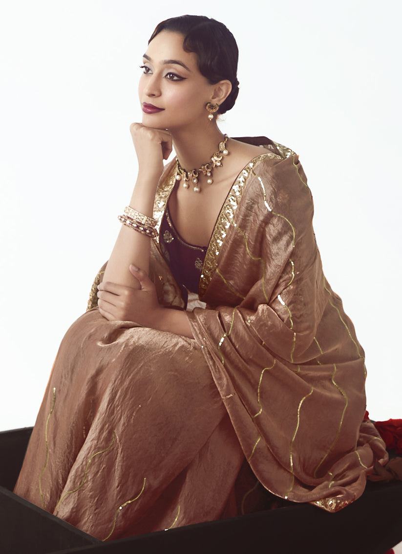 Rose Gold Tissue Organza Embroidered Wedding Saree