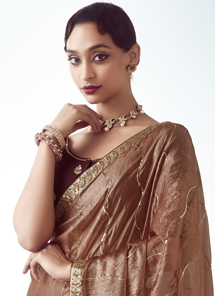 Rose Gold Tissue Organza Embroidered Wedding Saree