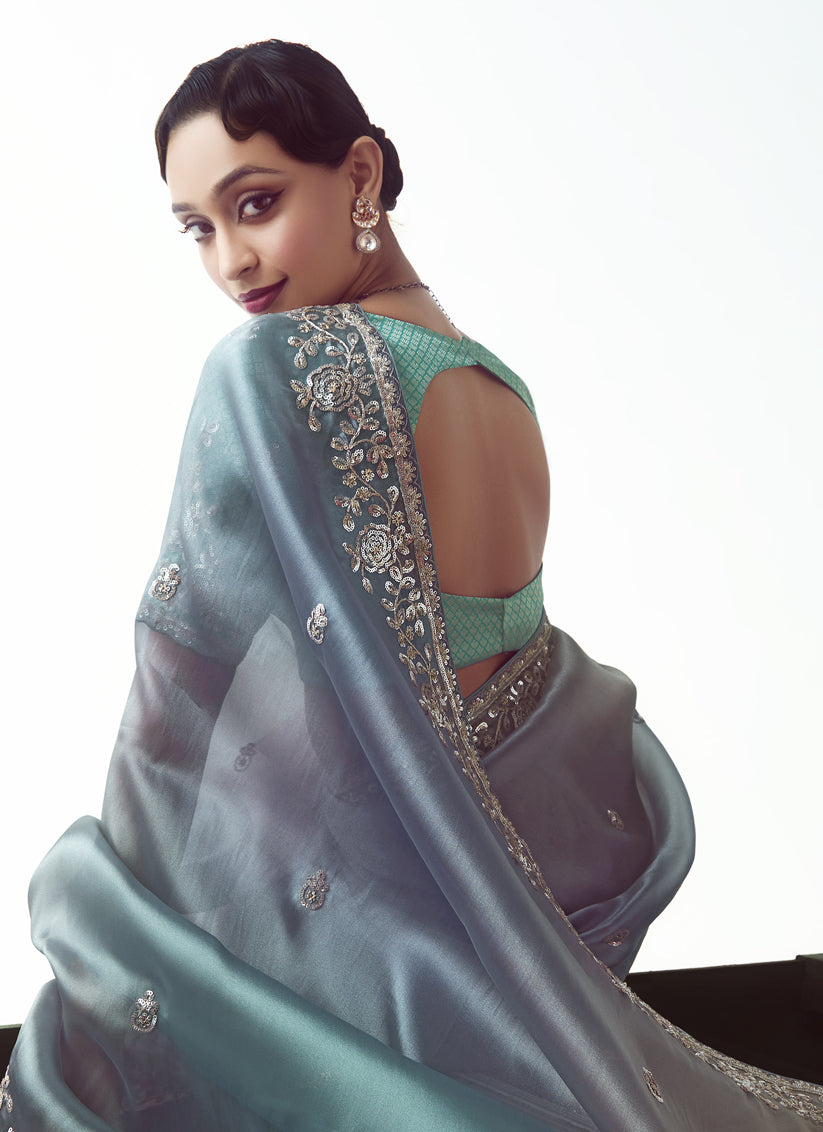 Teal Blue Tissue Organza Embroidered Wedding Saree