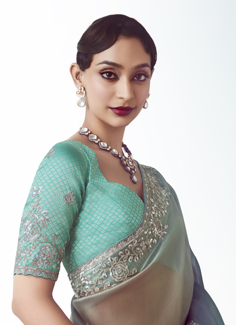 Teal Blue Tissue Organza Embroidered Wedding Saree