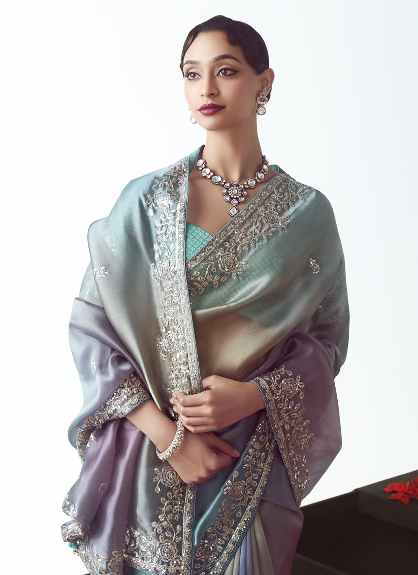 Teal Blue Tissue Organza Embroidered Wedding Saree