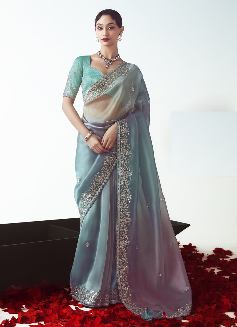 Teal Blue Tissue Organza Embroidered Wedding Saree