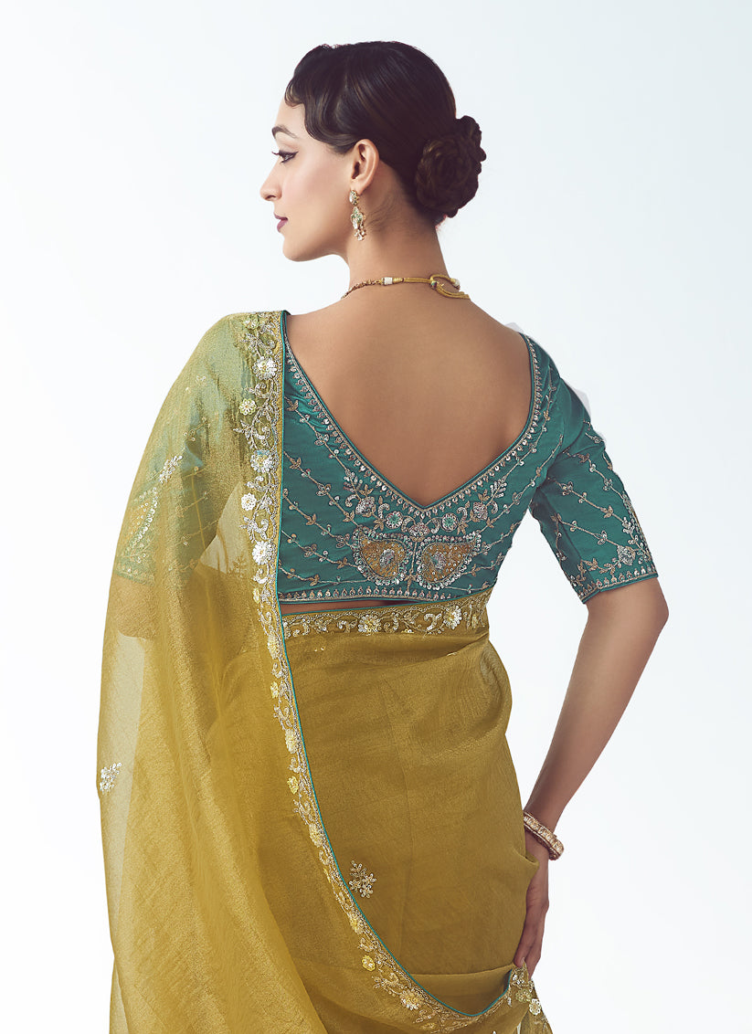 Maize Yellow Tissue Organza Embroidered Wedding Saree