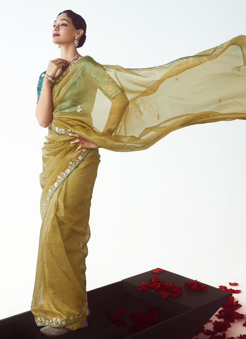 Maize Yellow Tissue Organza Embroidered Wedding Saree