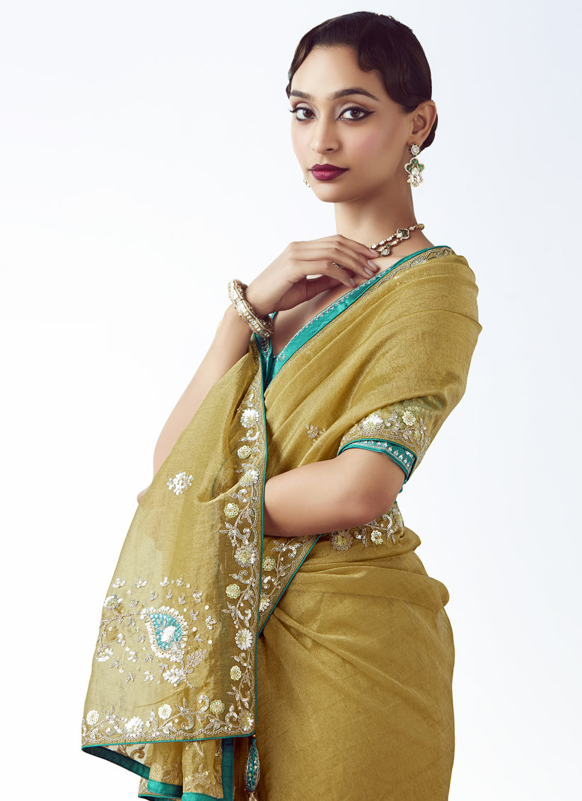 Maize Yellow Tissue Organza Embroidered Wedding Saree