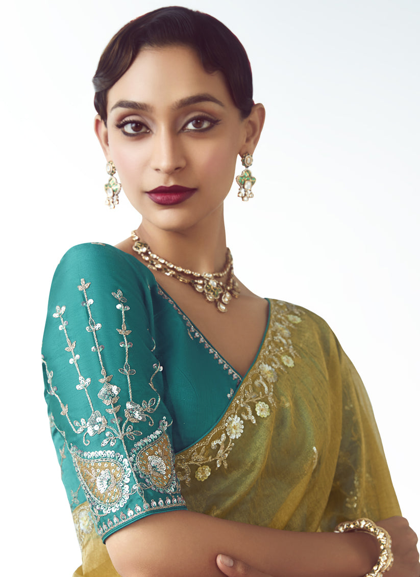 Maize Yellow Tissue Organza Embroidered Wedding Saree