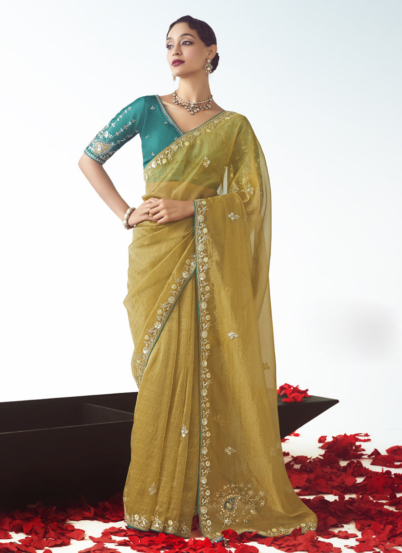 Maize Yellow Tissue Organza Embroidered Wedding Saree