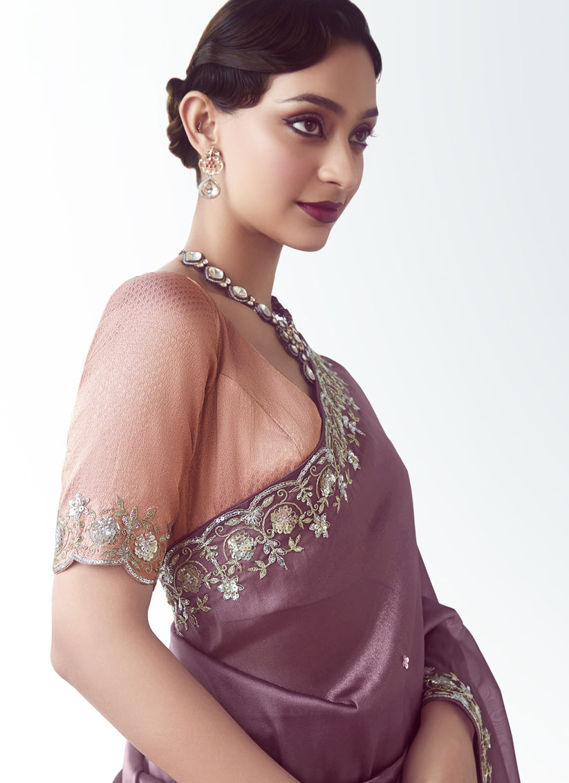 Dusty Wine Tissue Organza Embroidered Wedding Saree