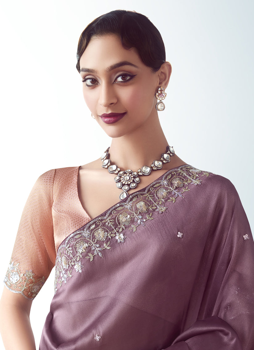 Dusty Wine Tissue Organza Embroidered Wedding Saree