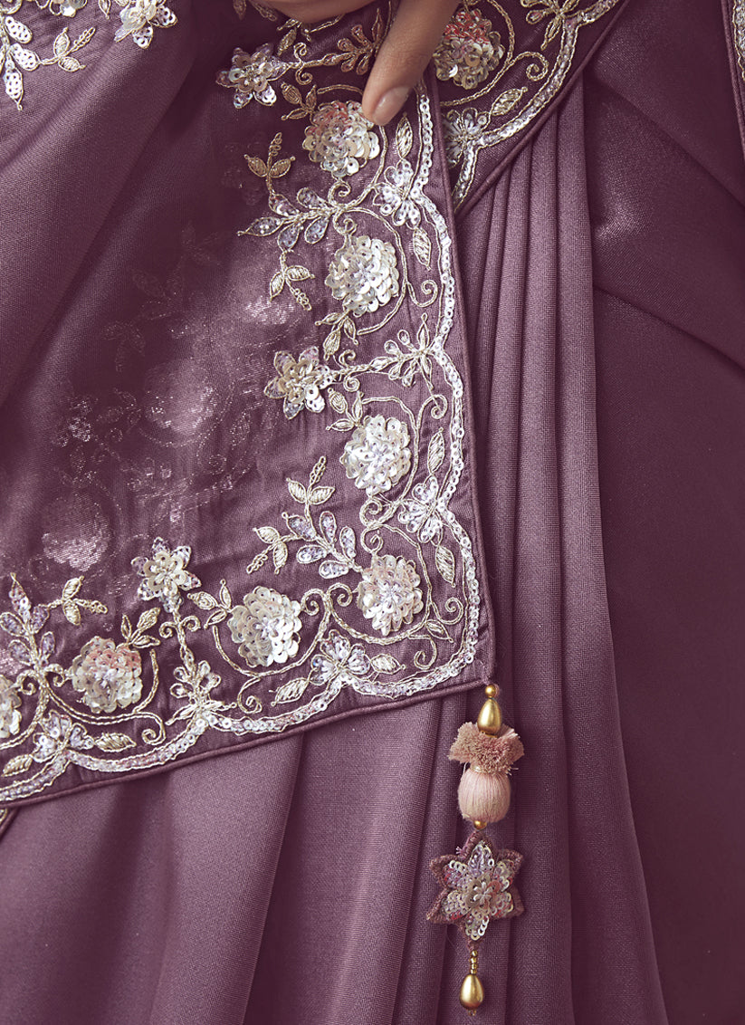 Dusty Wine Tissue Organza Embroidered Wedding Saree