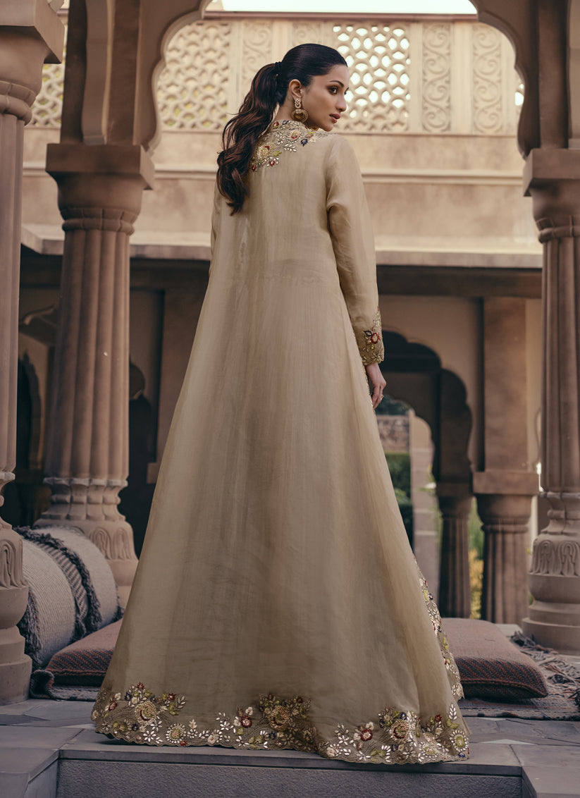 Beige Chinnon Embroidered Designer IndoWestern